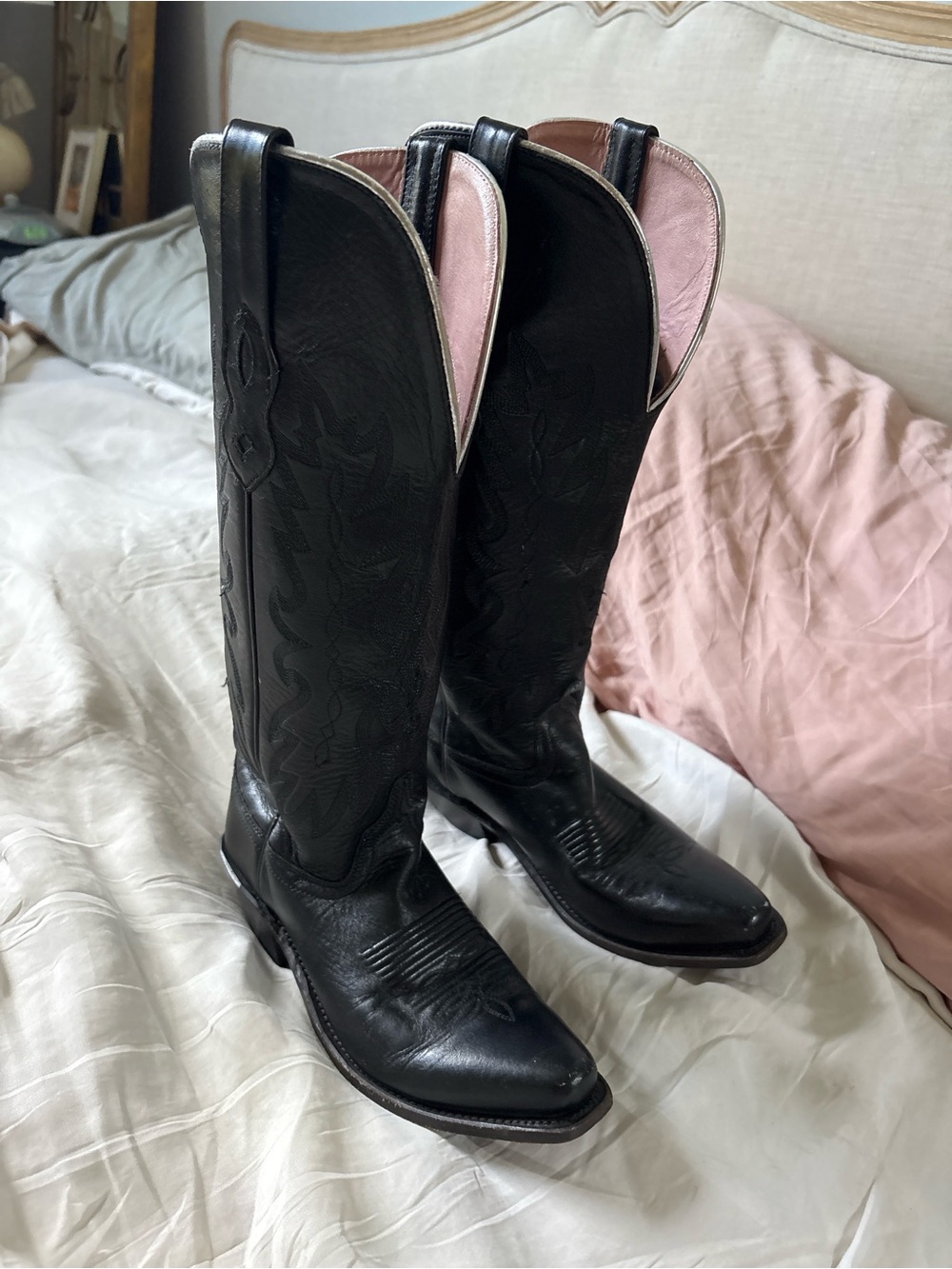 Old West black Leather pink lining Cowboy Boot - 6